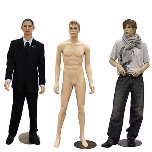 Male mannequins category showing realistic white headless egg head moveable and sitting styles for retail stores