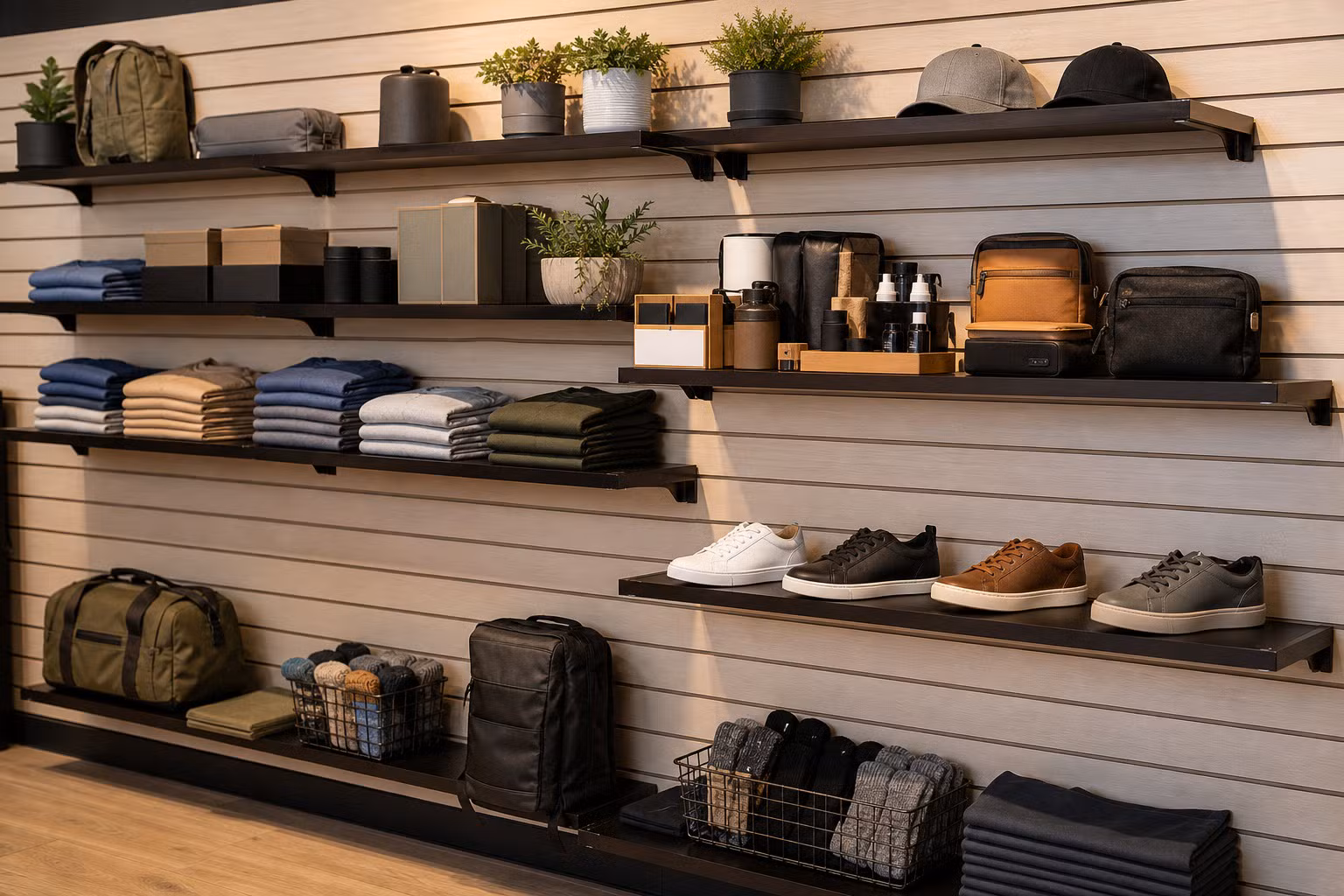 Retail slatwall shelves used for product merchandising in a store display