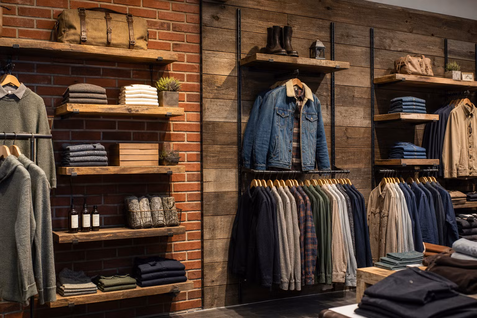 Retail wall display with textured slatwall panels, shelves, folded apparel, accessories, and boxed goods