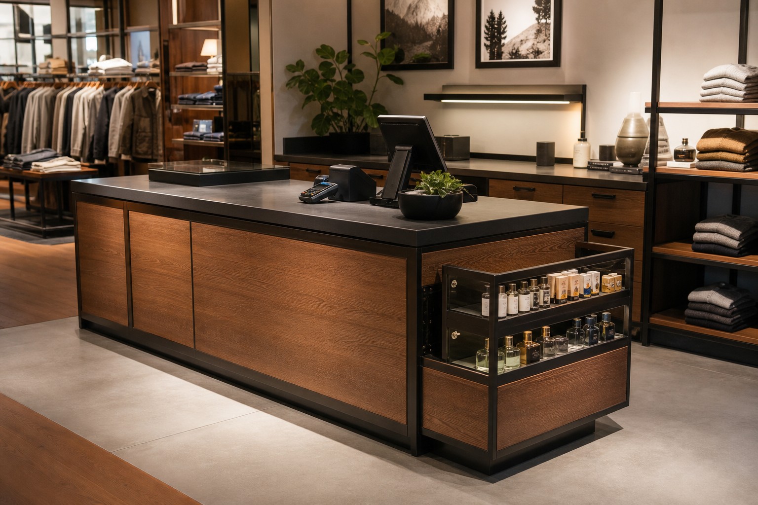 Astoria counter and cashwrap in a coordinated retail checkout area