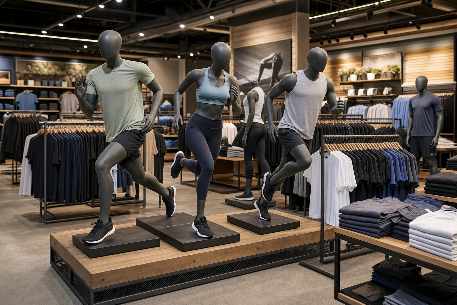 Athletic mannequins displaying activewear in a sporting goods retail store
