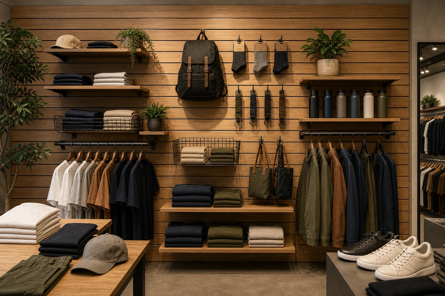 Bamboo slat wall panels used as a warm natural retail finish option