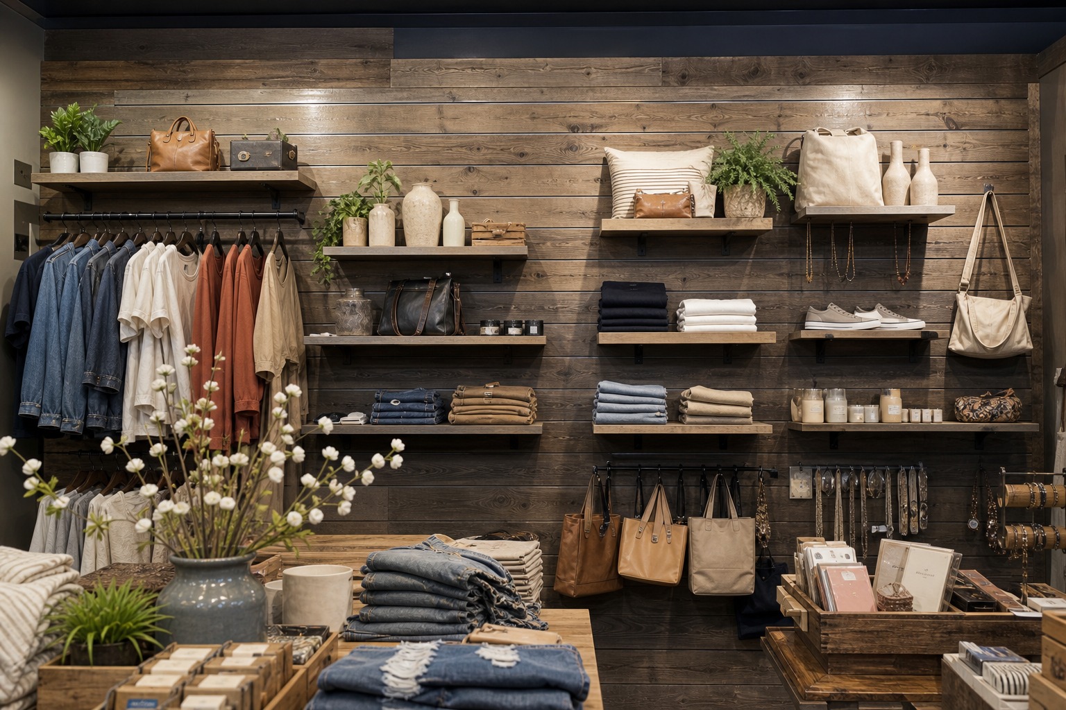 Barnwood slatwall panels used as a feature wall in a boutique retail display