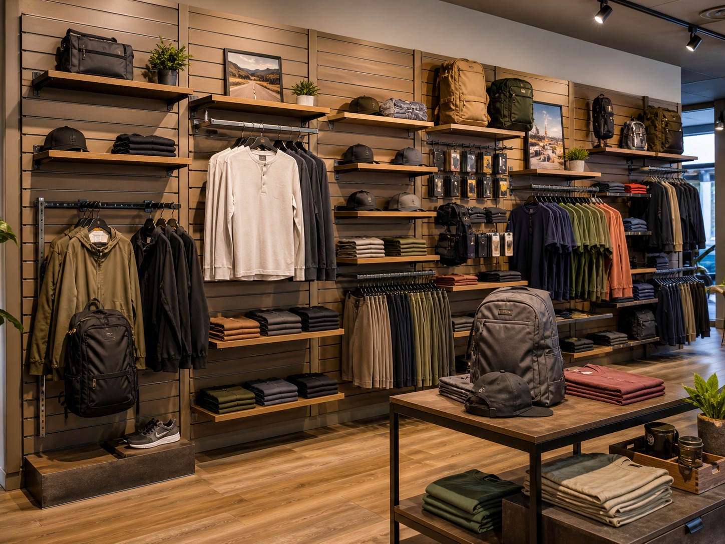 Slatwall fixtures including panels, shelves, hooks, and hangrails in a retail store layout