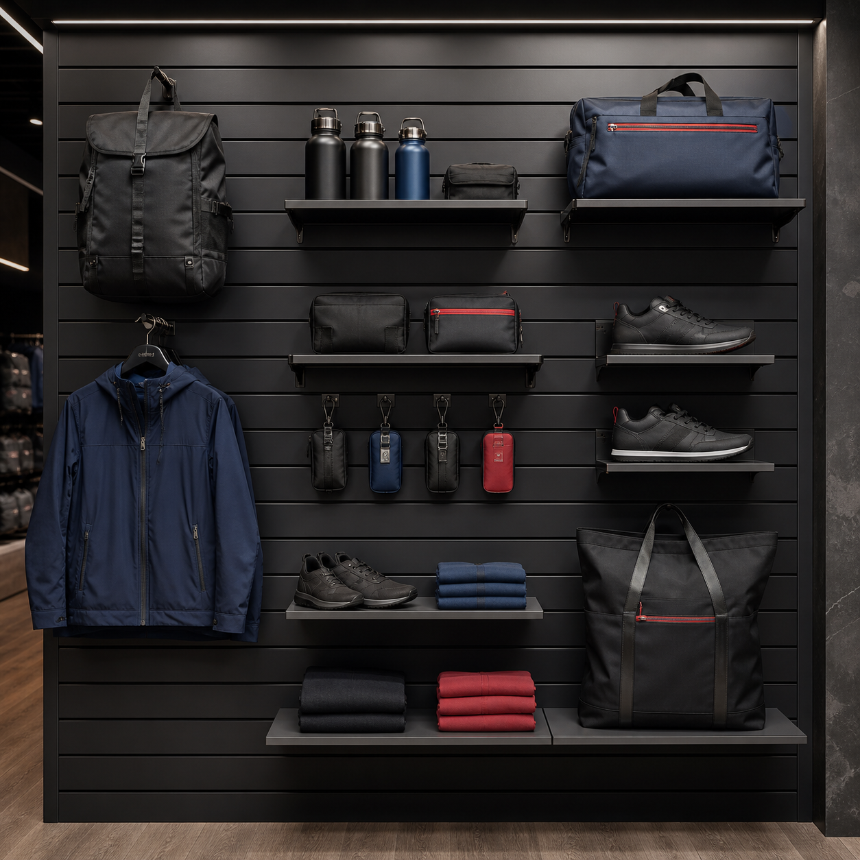 Black slatwall panels in a bold retail wall display