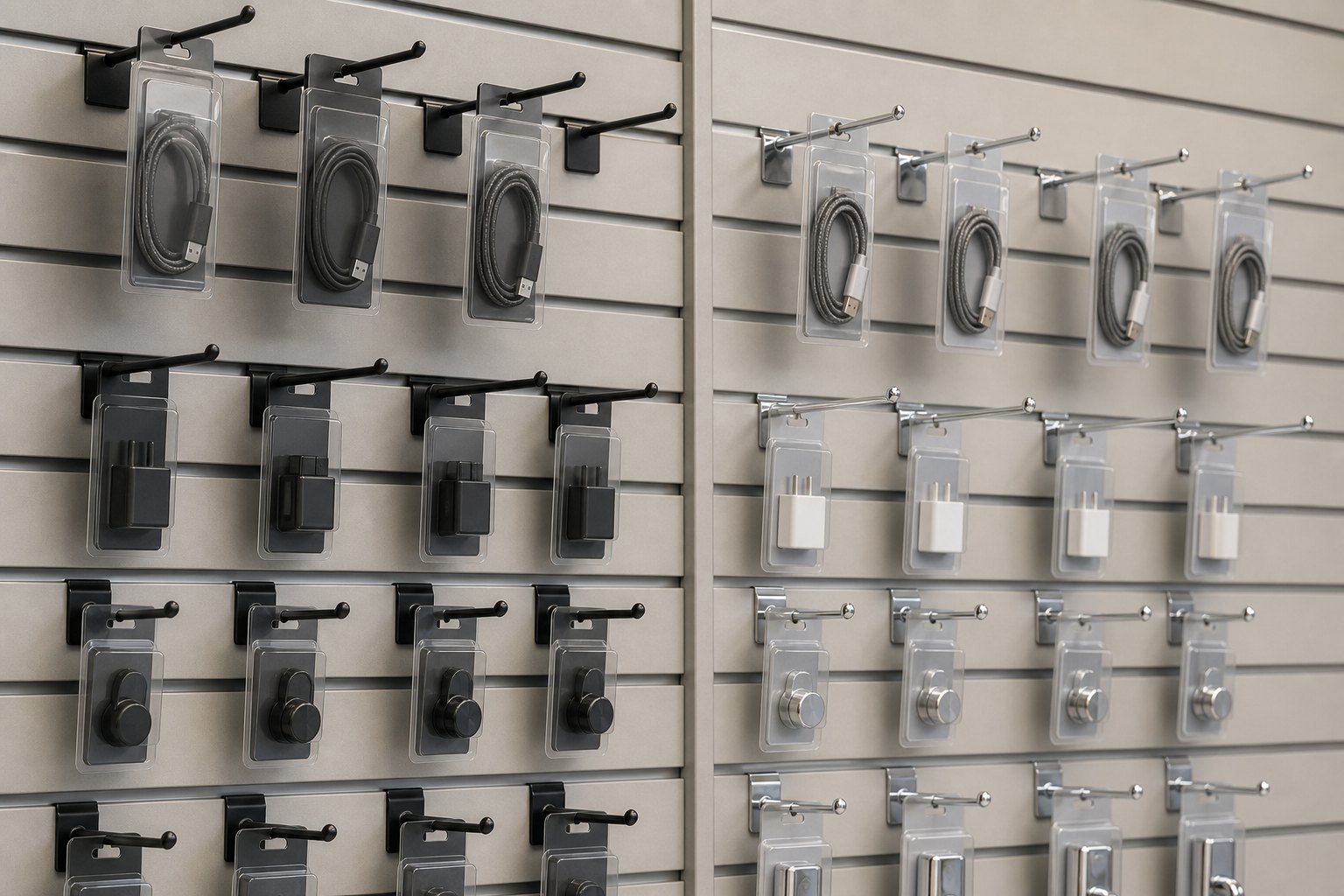 Black vs chrome slatwall hooks displaying packaged retail products