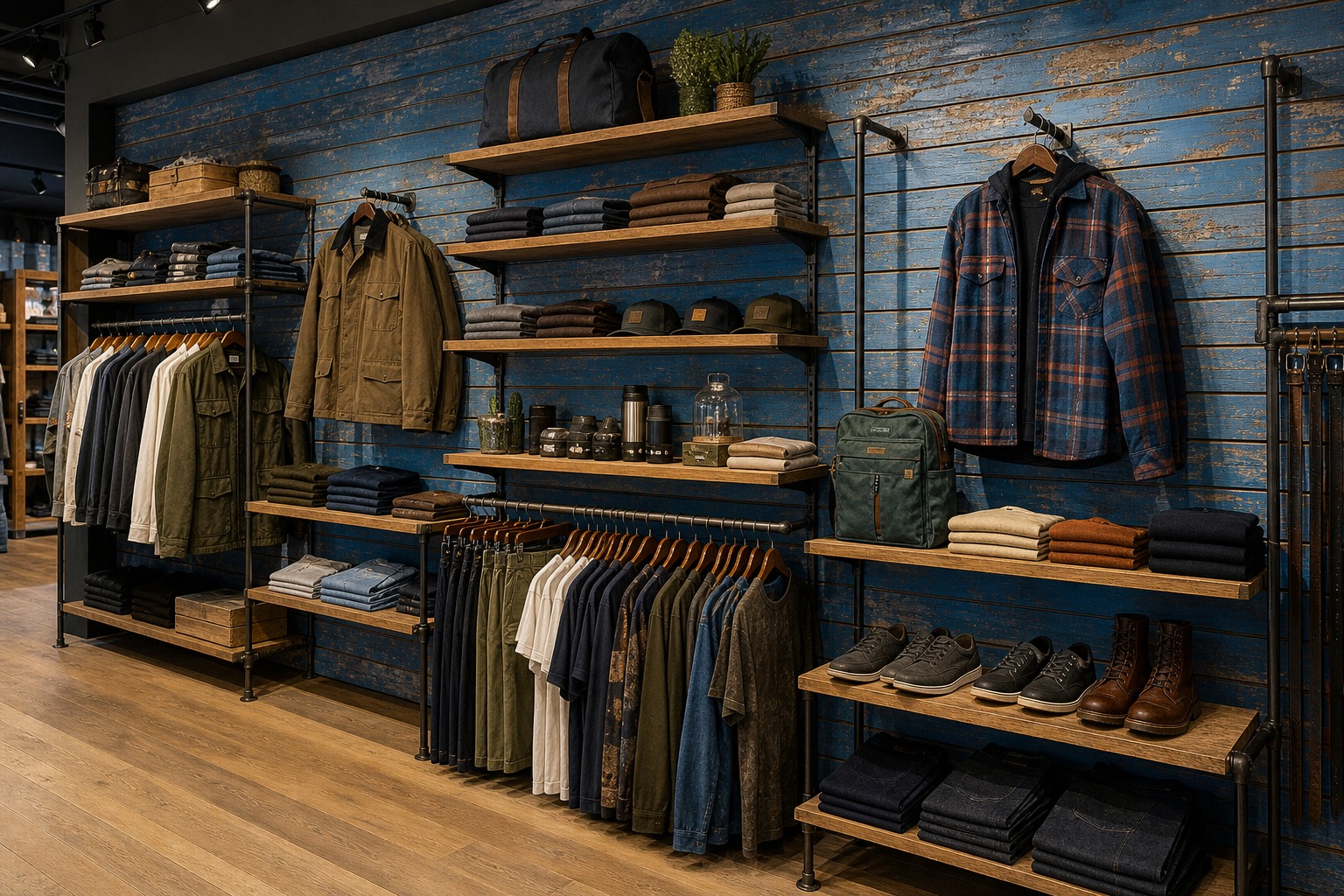 Blue weathered slatwall panels used as a bold retail feature wall