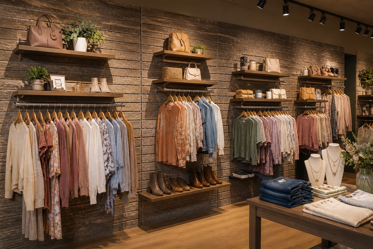 Boutique wall display using textured slatwall, shelves, and accessories with apparel and gifts
