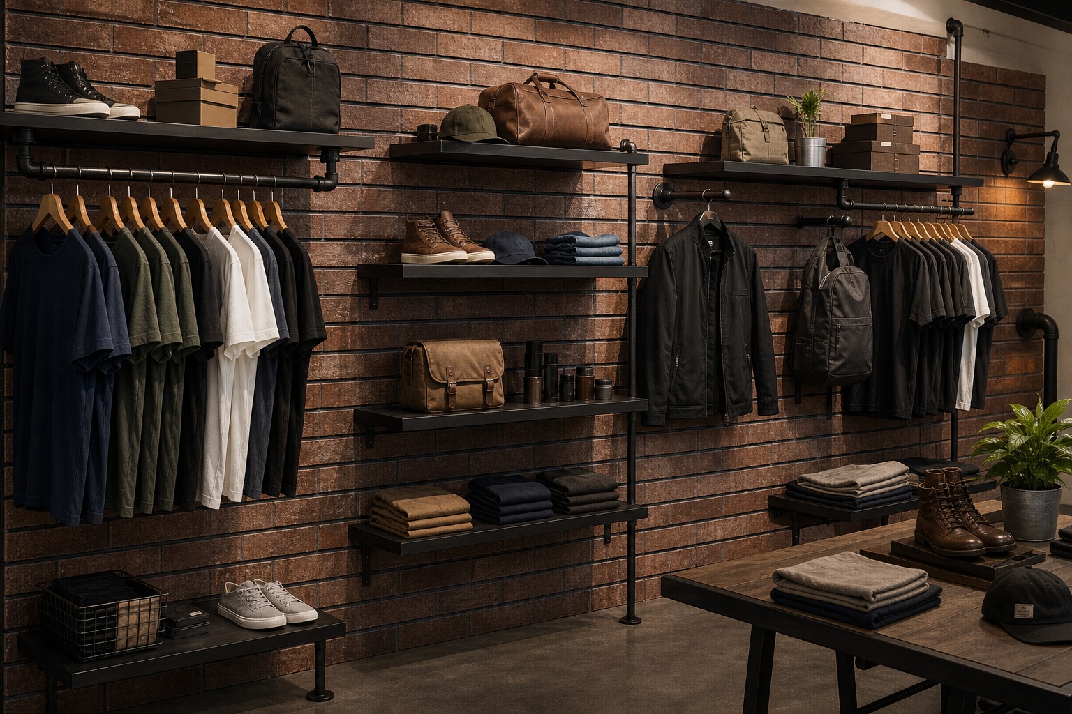 Brick slatwall panels used as an industrial retail display wall