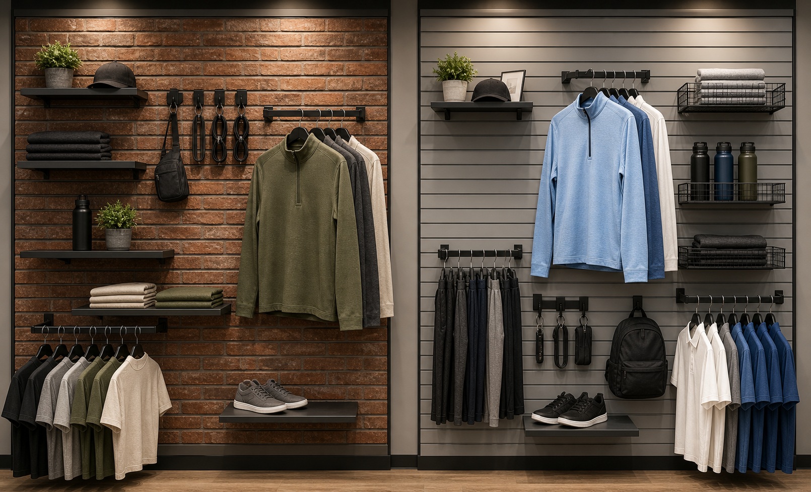 Brick slatwall compared with standard slatwall in a retail showroom