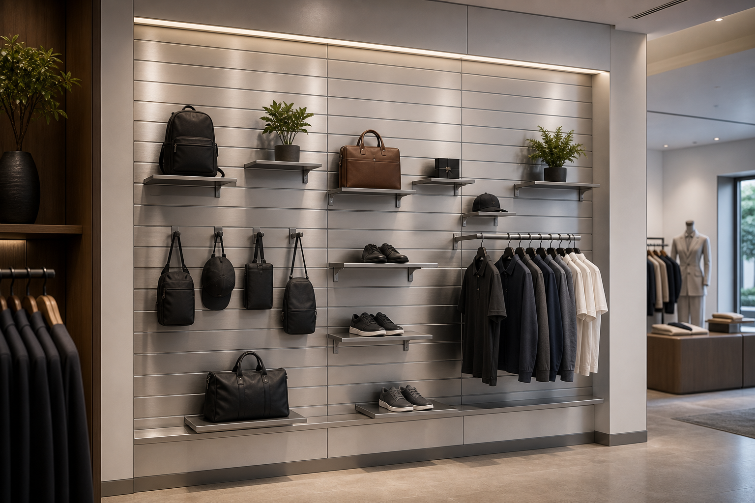 Brushed aluminum slatwall in a modern retail showroom