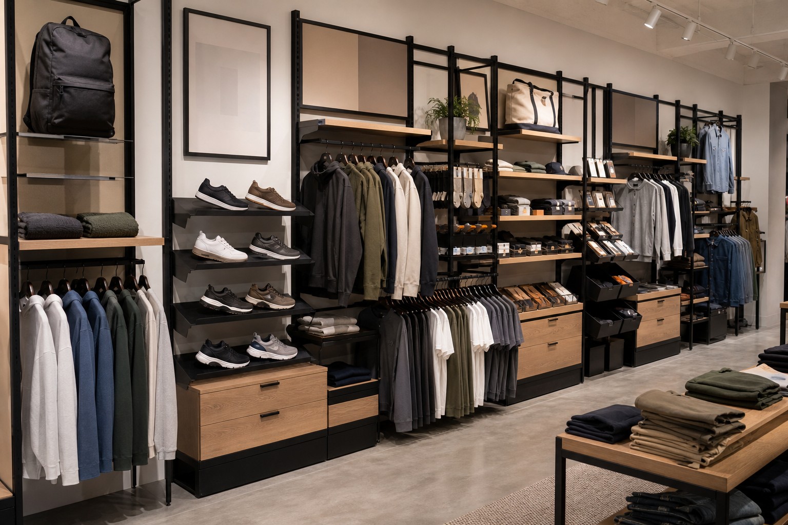 Burnside wall system with shelves hangbars faceouts graphics and storage