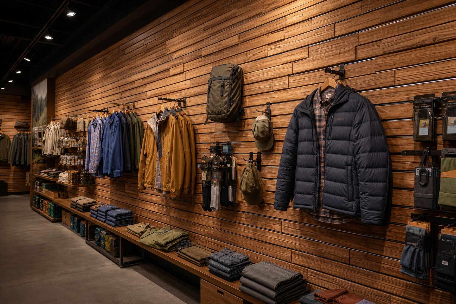 Cedar slatwall used as a textured merchandise wall in a retail store
