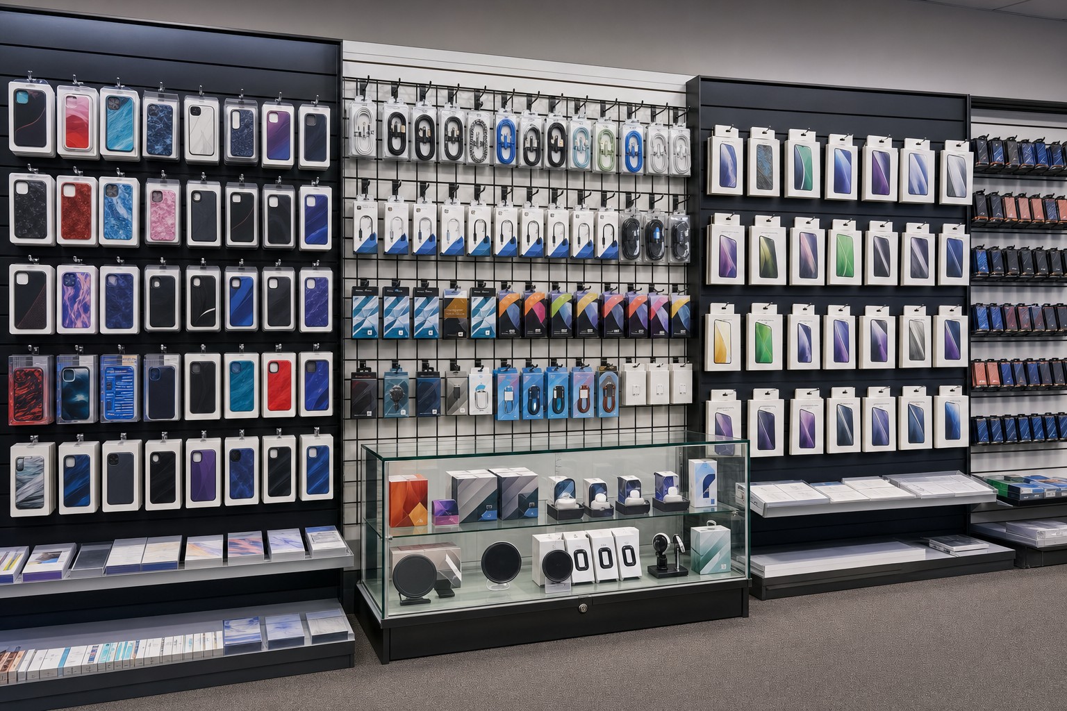 Cell phone accessory store display ideas using organized wall fixtures