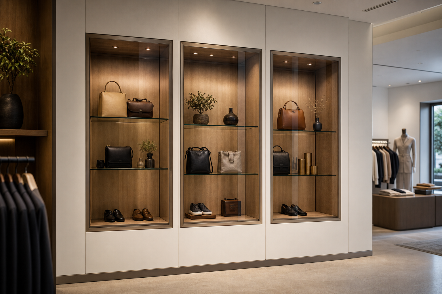 Custom wall display cases built into a premium retail wall