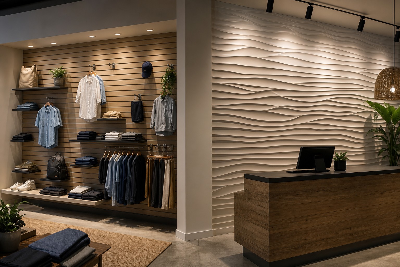 Decorative panels for retail stores comparing display-ready slatwall and decorative-only feature walls