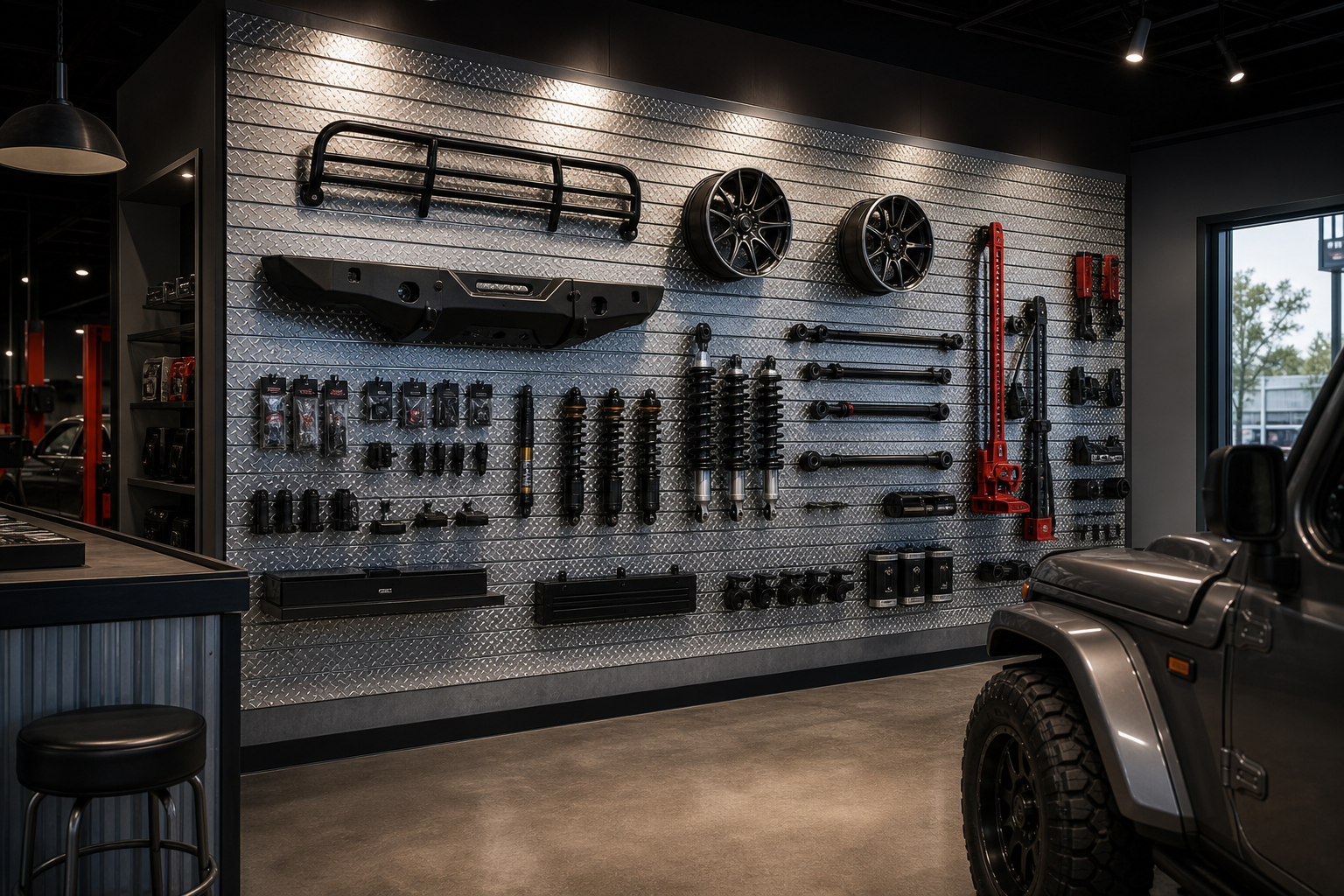 Diamond plate slatwall feature wall in a retail store