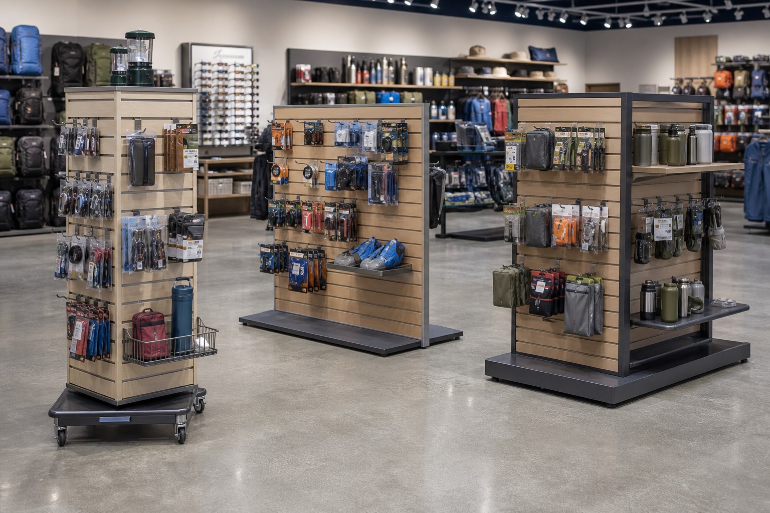 Freestanding slatwall displays used for accessible retail floor merchandising