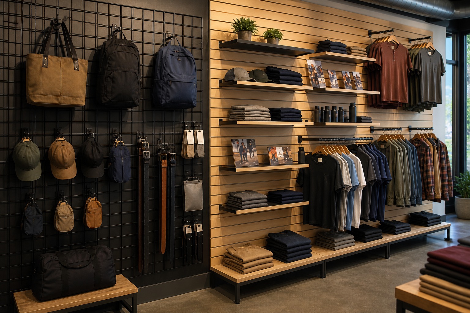 Side-by-side retail display showing gridwall and slatwall wall systems in a store