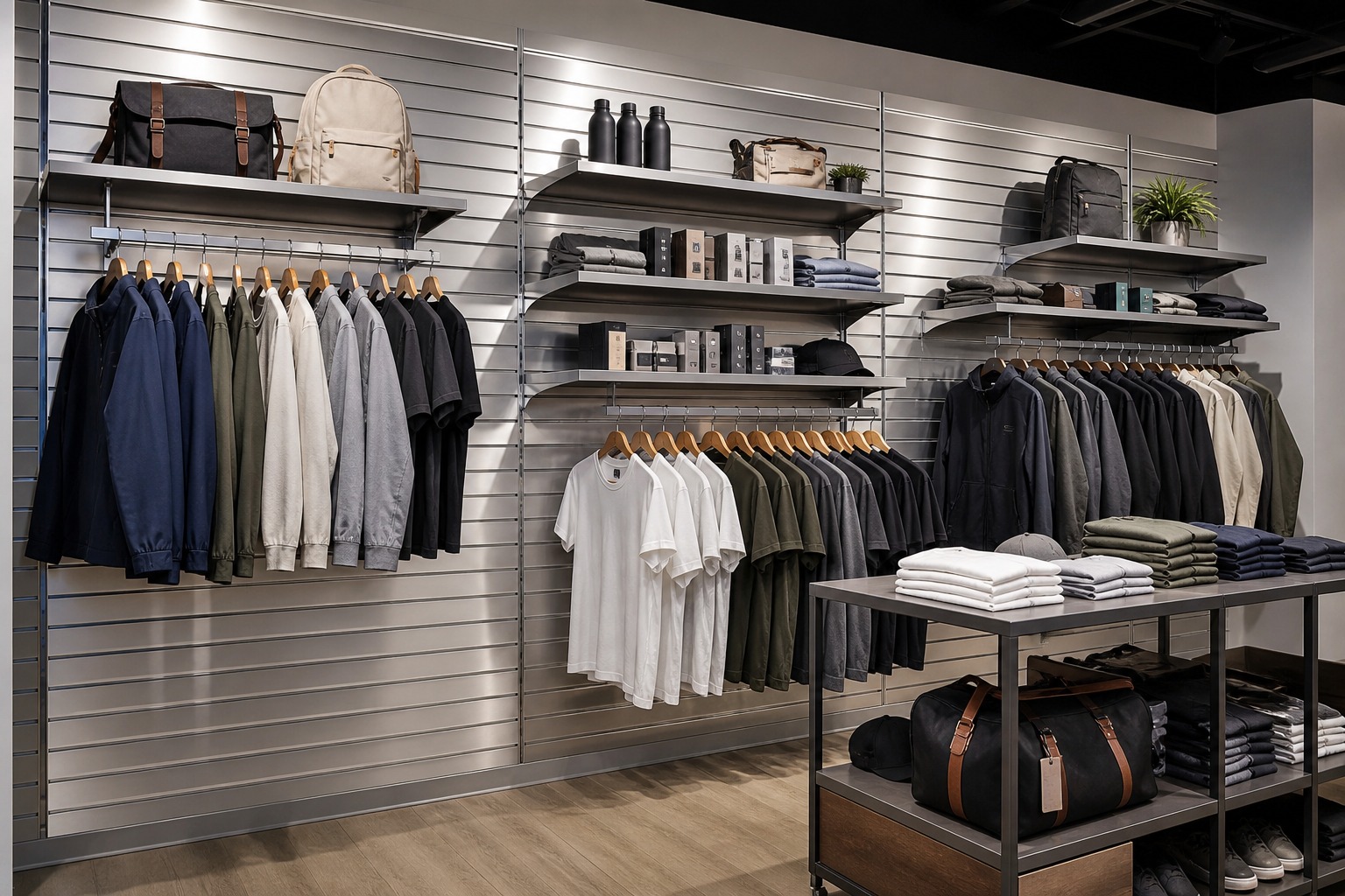 Aluminum slatwall panels on a modern commercial retail display wall