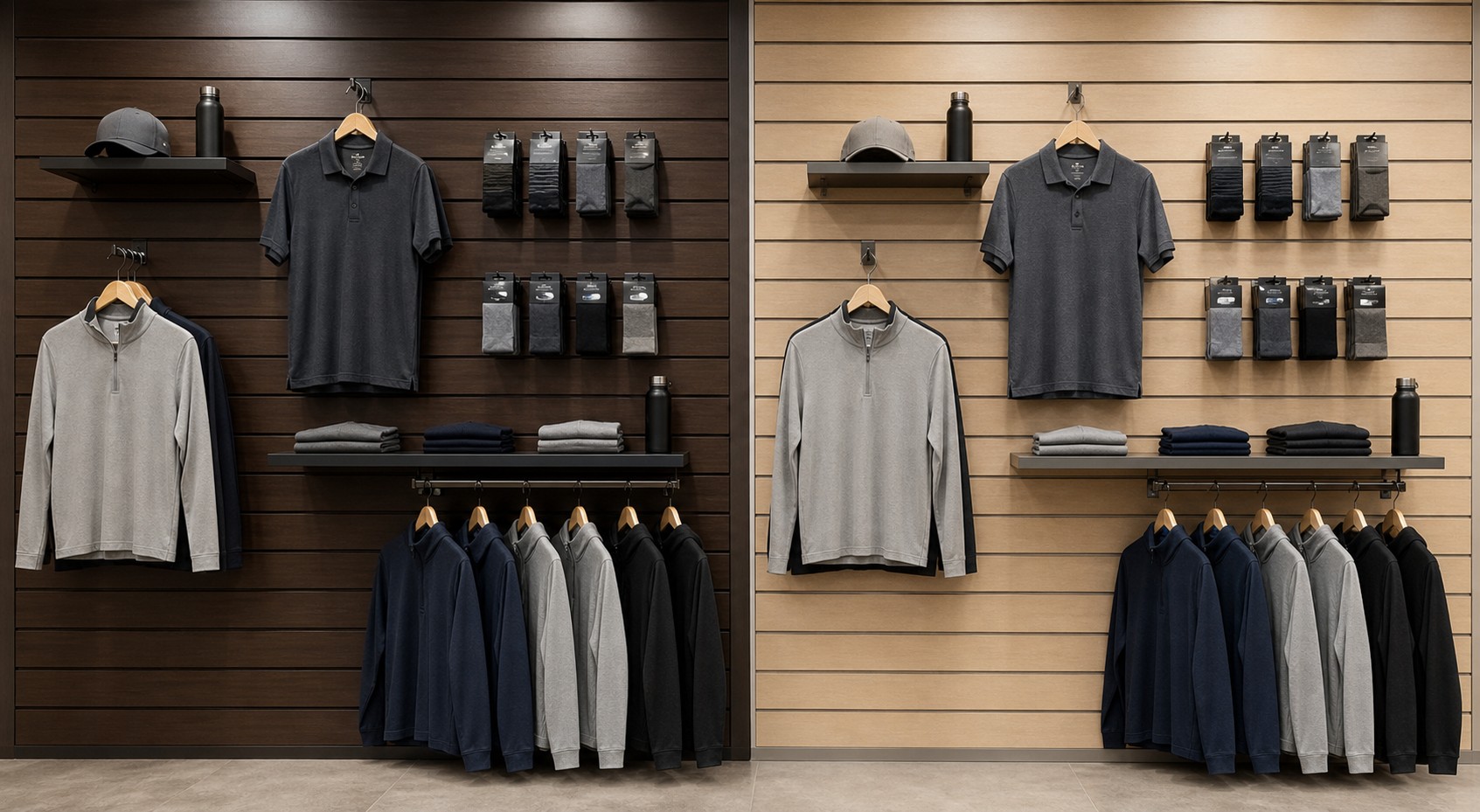 HPL vs LPL slatwall finishes compared in a retail showroom