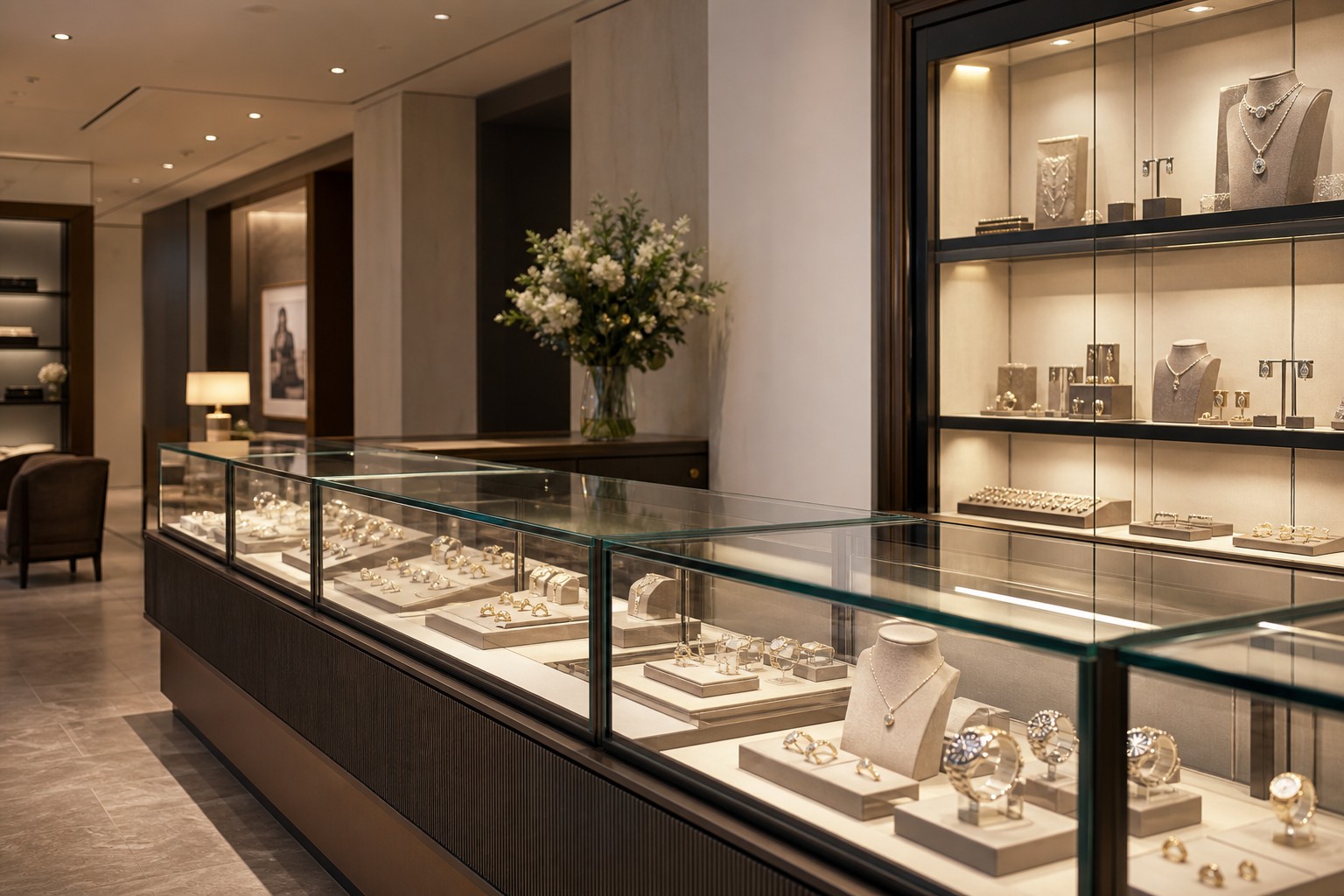 Retail jewelry display showcases with organized products and clean lighting