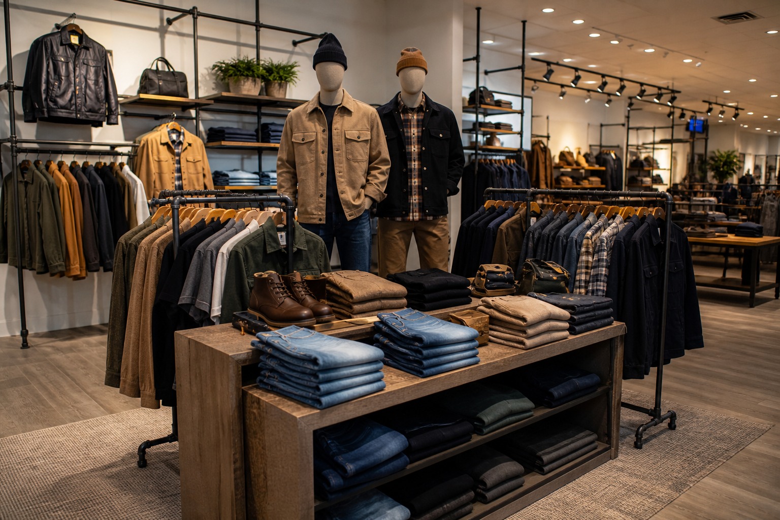Retail mannequins displaying apparel and accessories in a boutique store layout