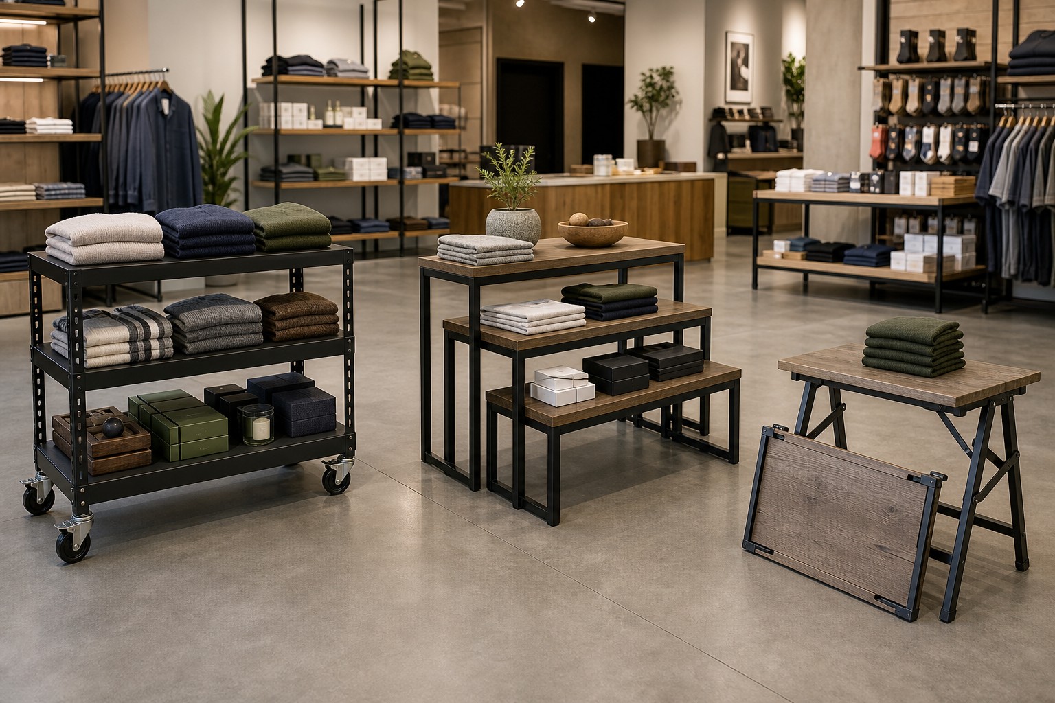 Mobile sales floor tables including rolling nesting and hinged retail display formats