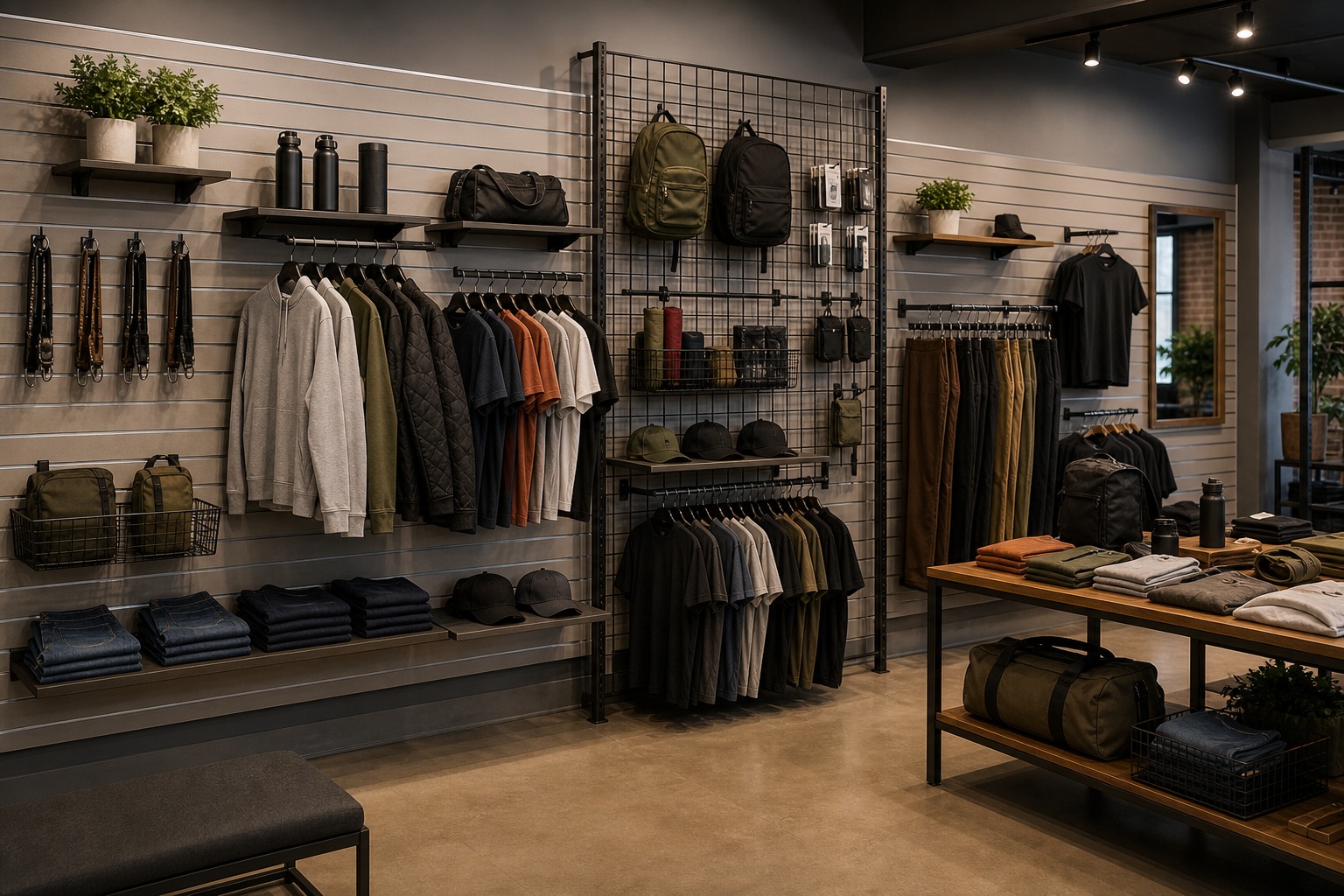 Modular retail wall systems for small stores shown with interchangeable fixtures