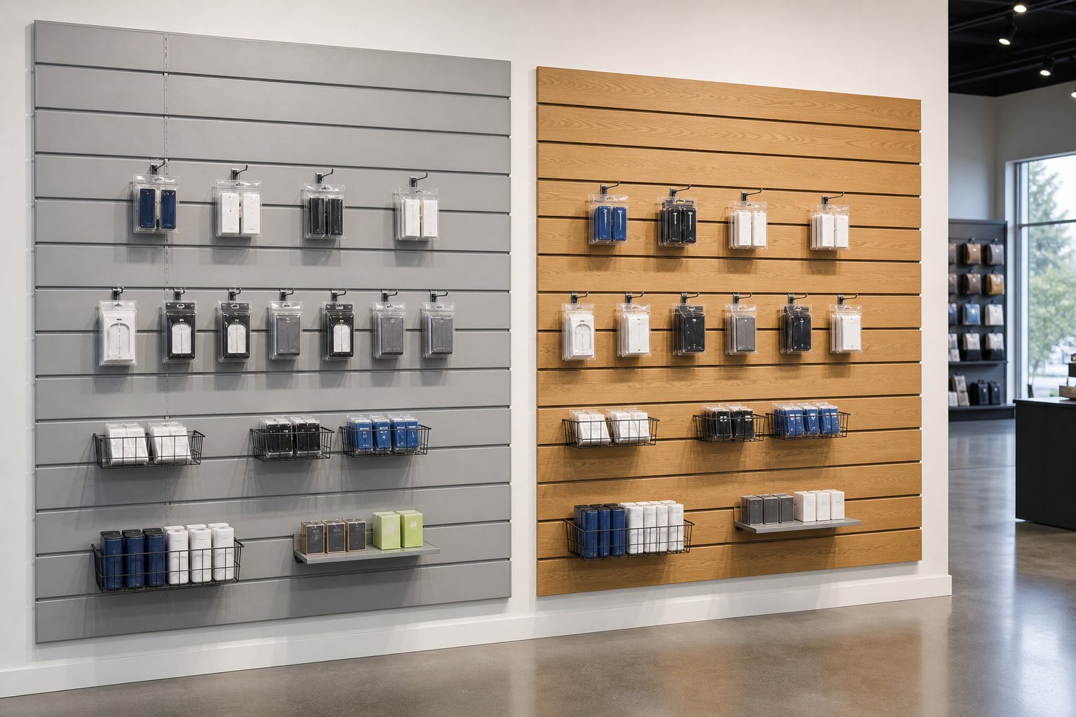 PVC slatwall vs MDF slatwall comparison in a retail fixture showroom