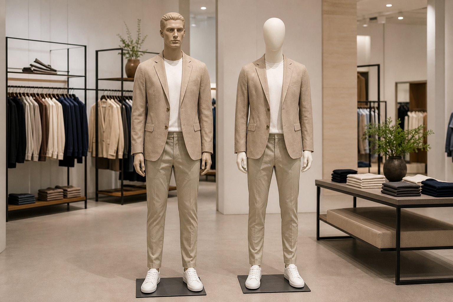Realistic vs abstract mannequins displaying apparel in a retail store