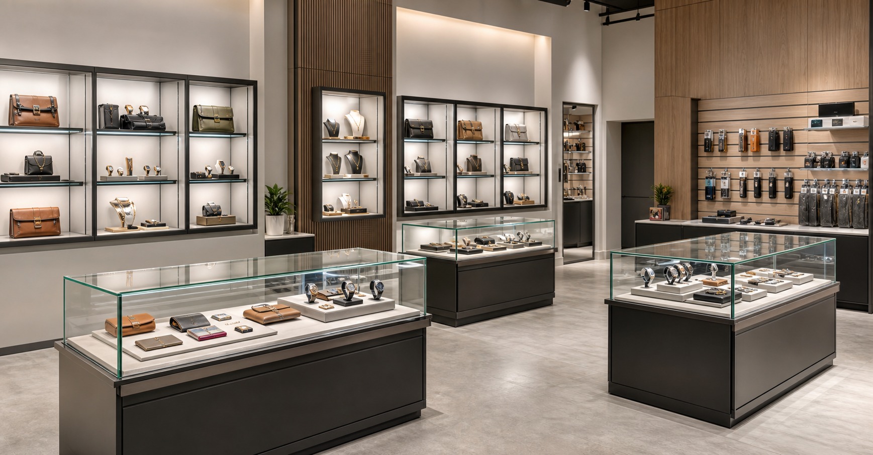 Cannabis dispensary display fixtures with counters cases slatwall and shelving