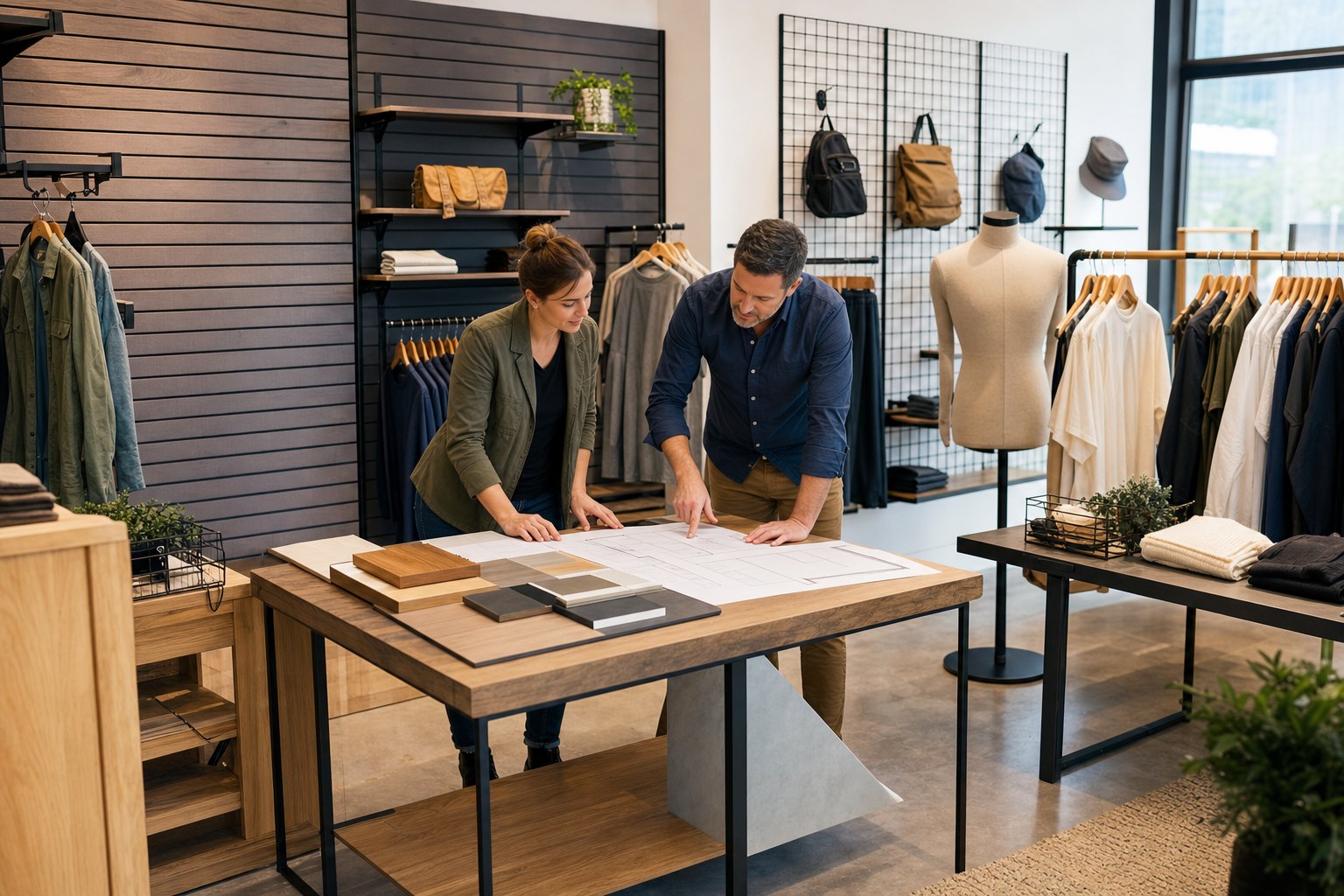 Retail Display USA FAQ planning scene with slatwall, gridwall, tables, and a mannequin