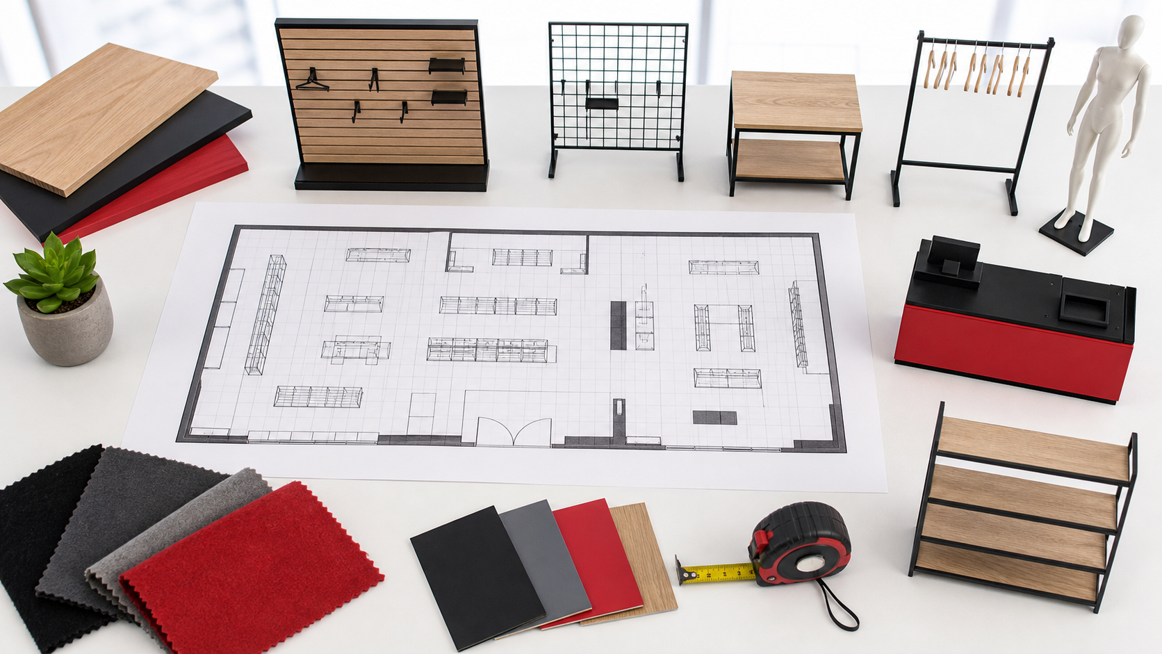 Retail store fixture planning desk with floor plan, wall displays, racks, table, mannequin, and checkout counter