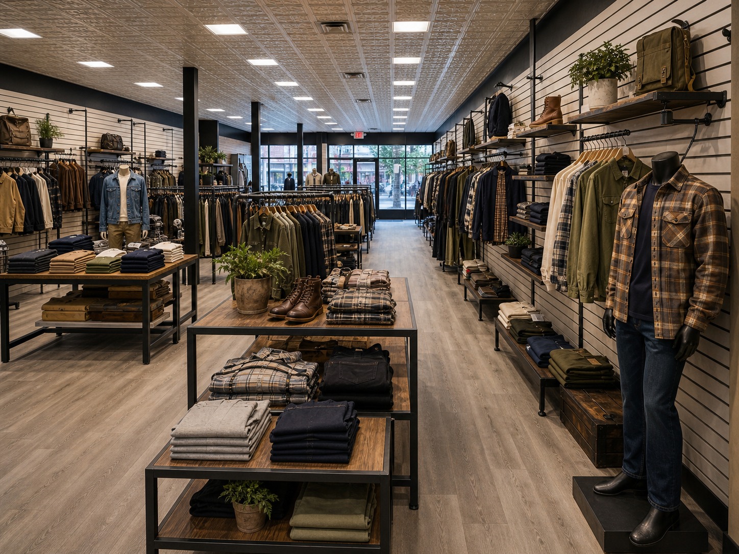 Complete retail store fixture setup including slatwall, display tables, racks, and mannequins