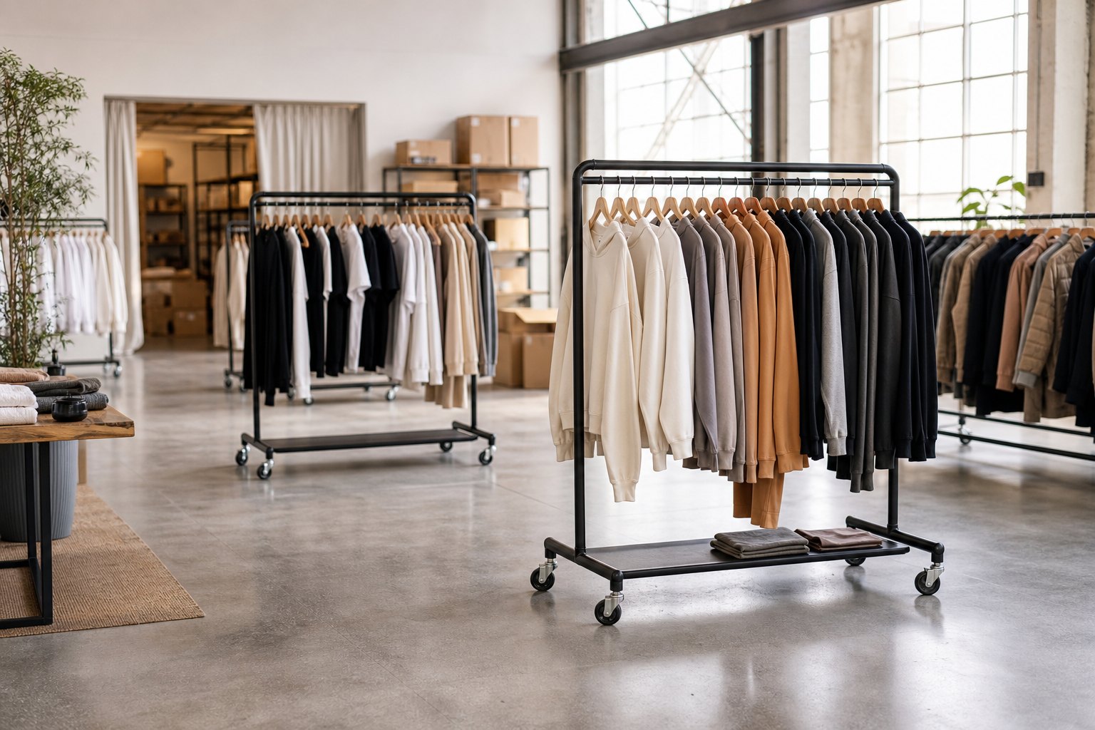Rolling racks for retail stores in a flexible apparel floor layout
