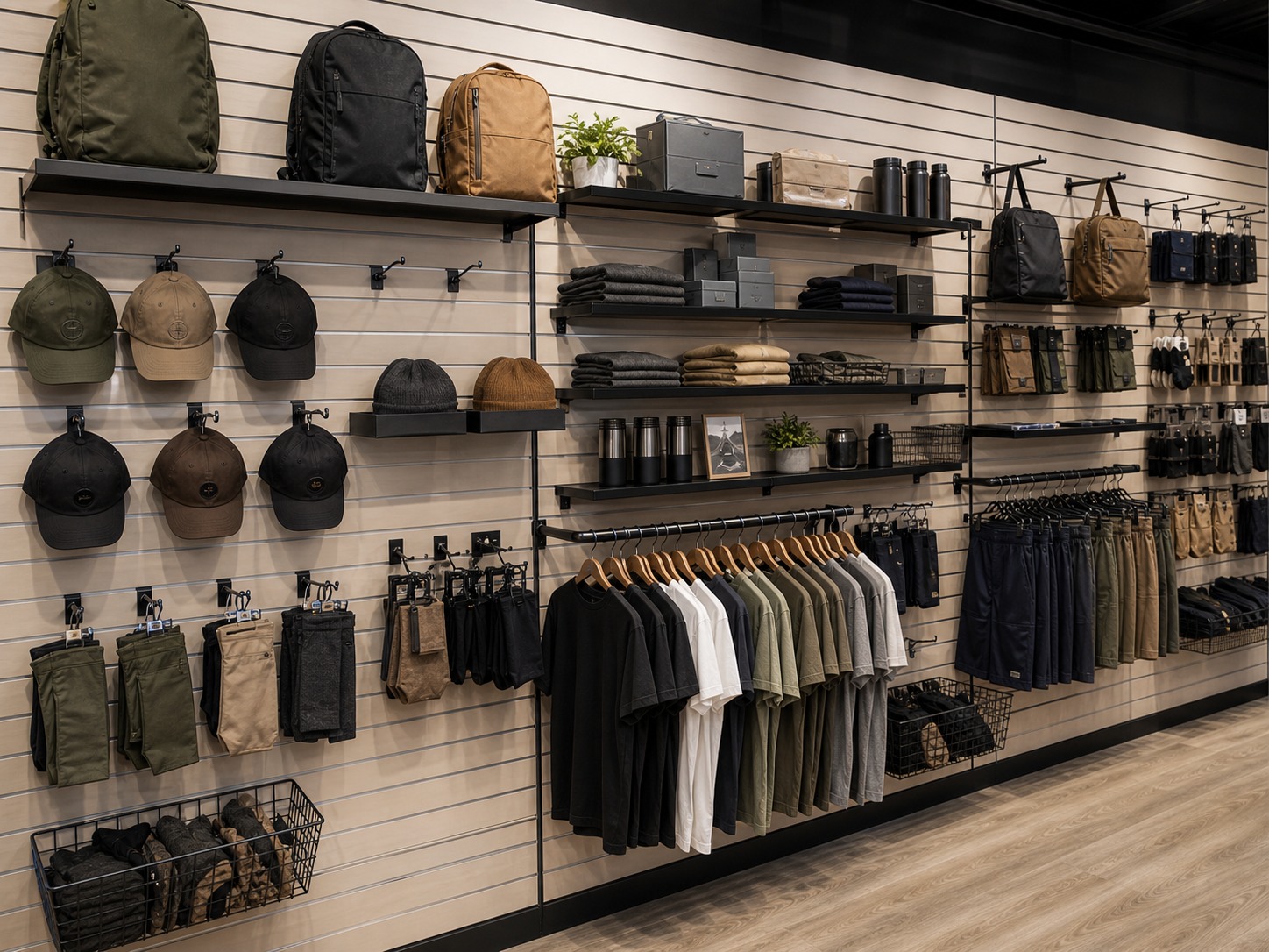 Slatwall hooks, shelves, faceouts, and hangrails on a retail merchandise wall
