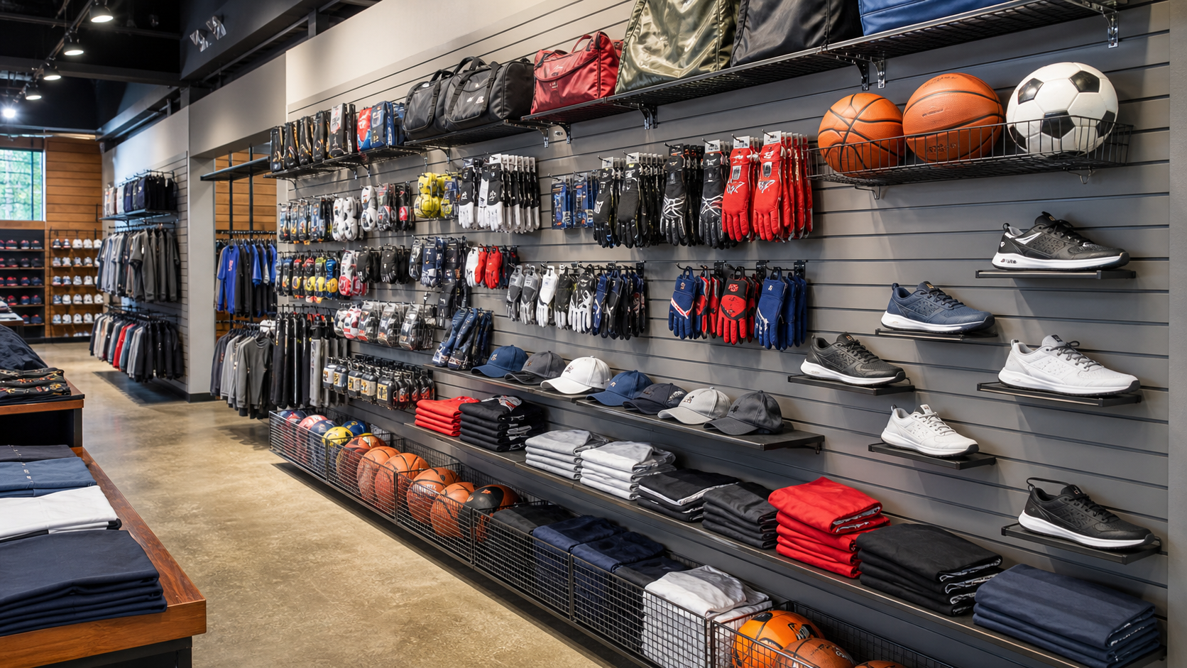 Slatwall for sporting goods stores with hooks shelves and active merchandise