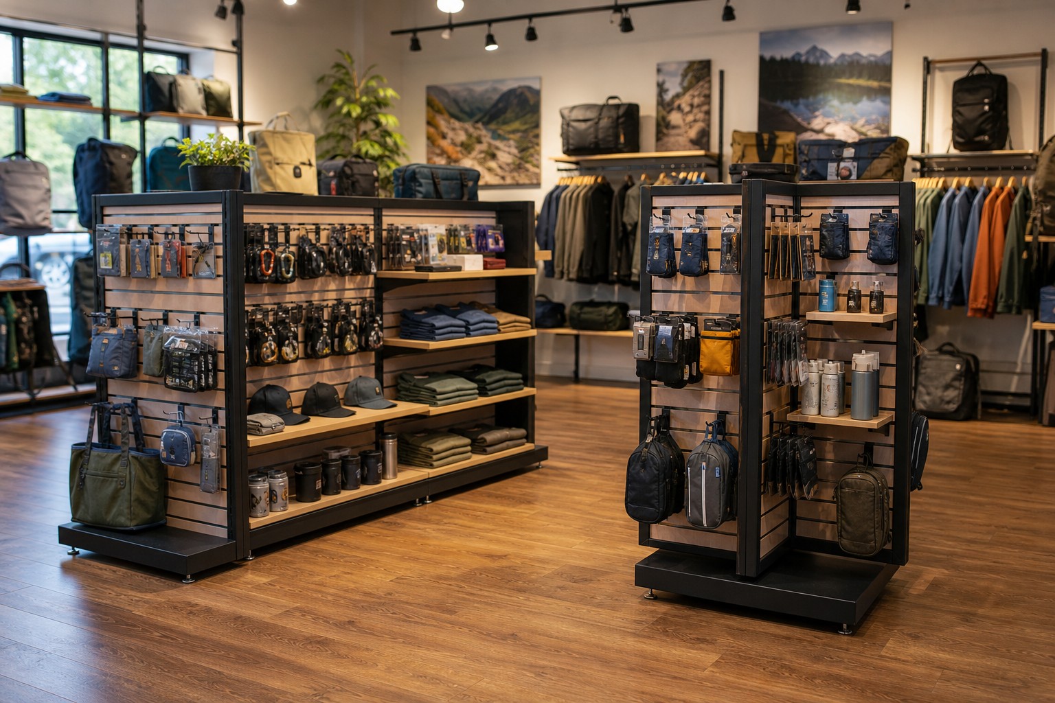 Retail floor showing slatwall H units vs pinwheel displays