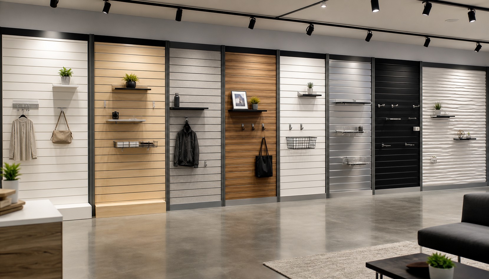Slatwall material types including laminate, veneer, PVC, aluminum, steel, and 3D textured panels