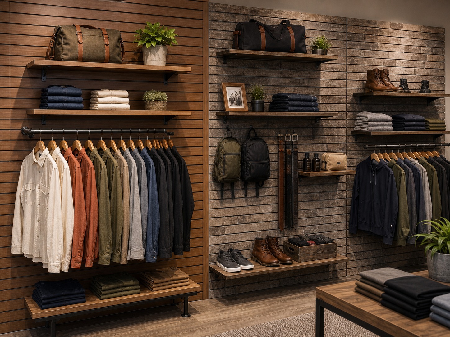 Veneer slatwall and textured slatwall finishes compared in a boutique retail wall display