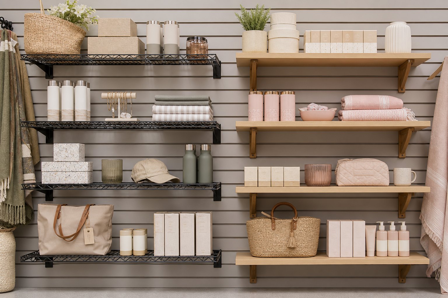 Slatwall wire shelves vs wood shelves displaying retail products