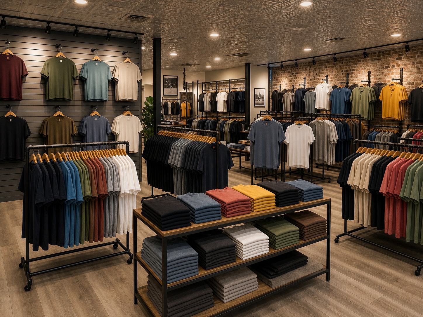 T-shirt display fixtures including racks, stands, wall hangrails, and folded shirt displays in a retail store