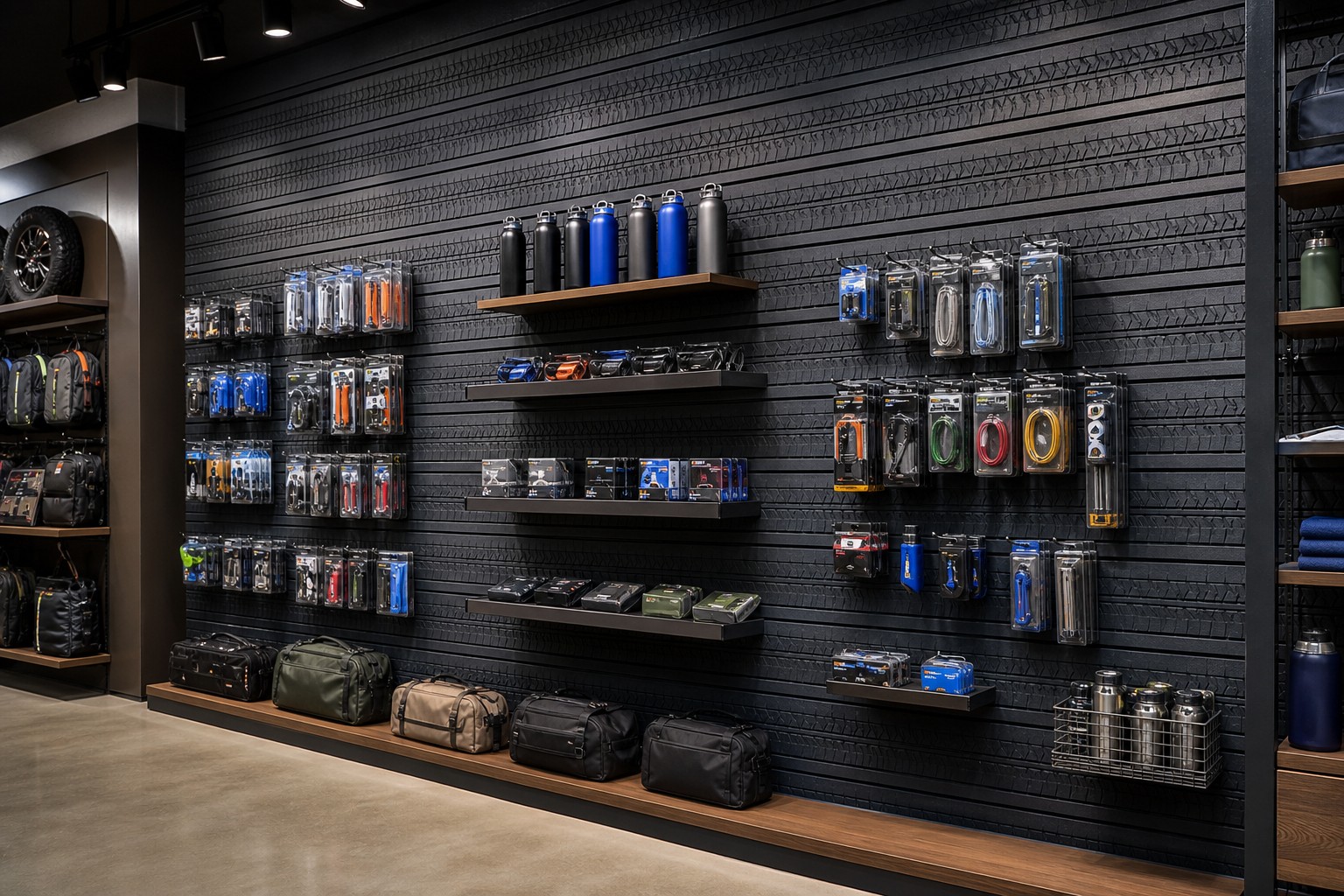 Tire tread slatwall in an automotive-themed retail display