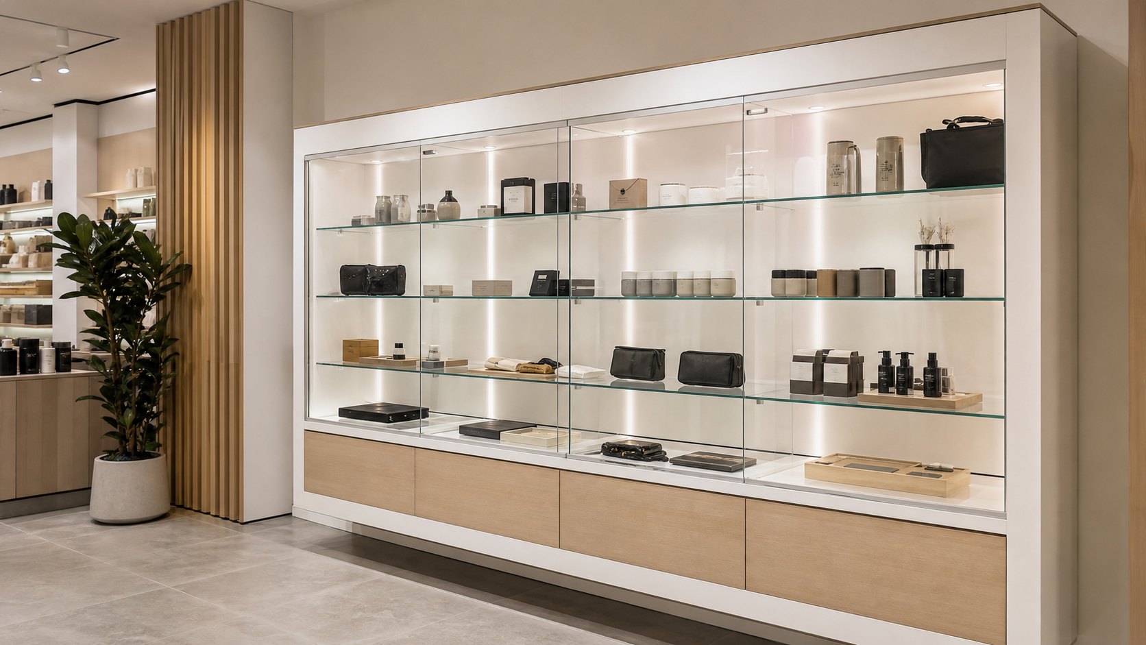 Wall display cases presenting small retail merchandise with clear sightlines