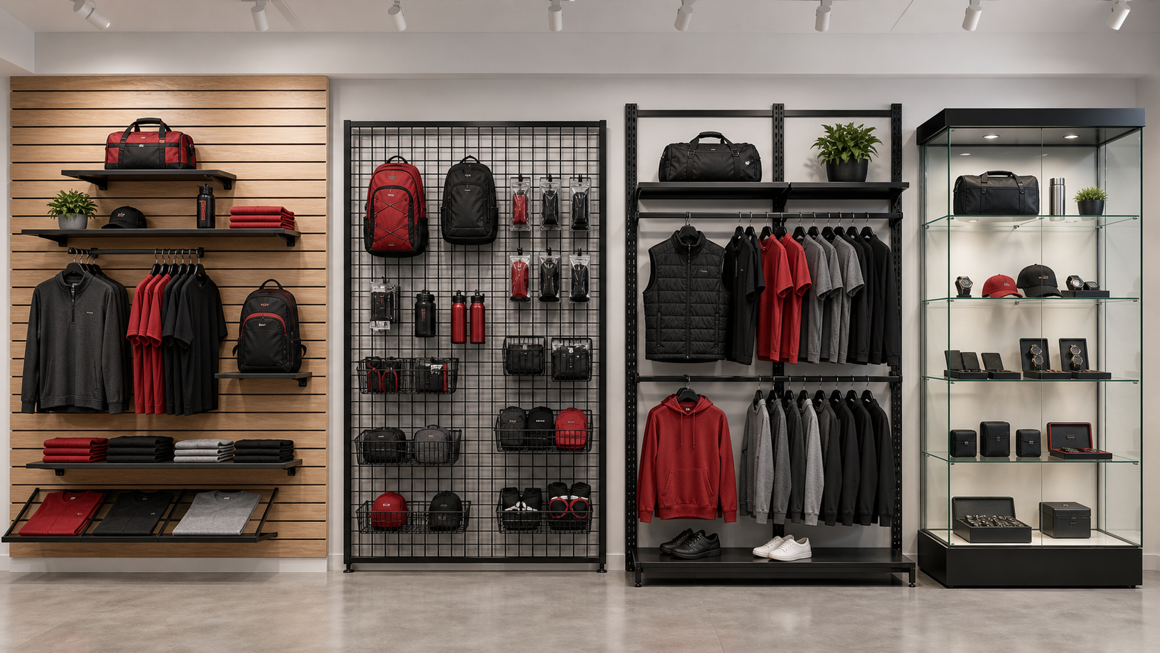 Slatwall, gridwall, outriggers, and a display case compared in one retail showroom