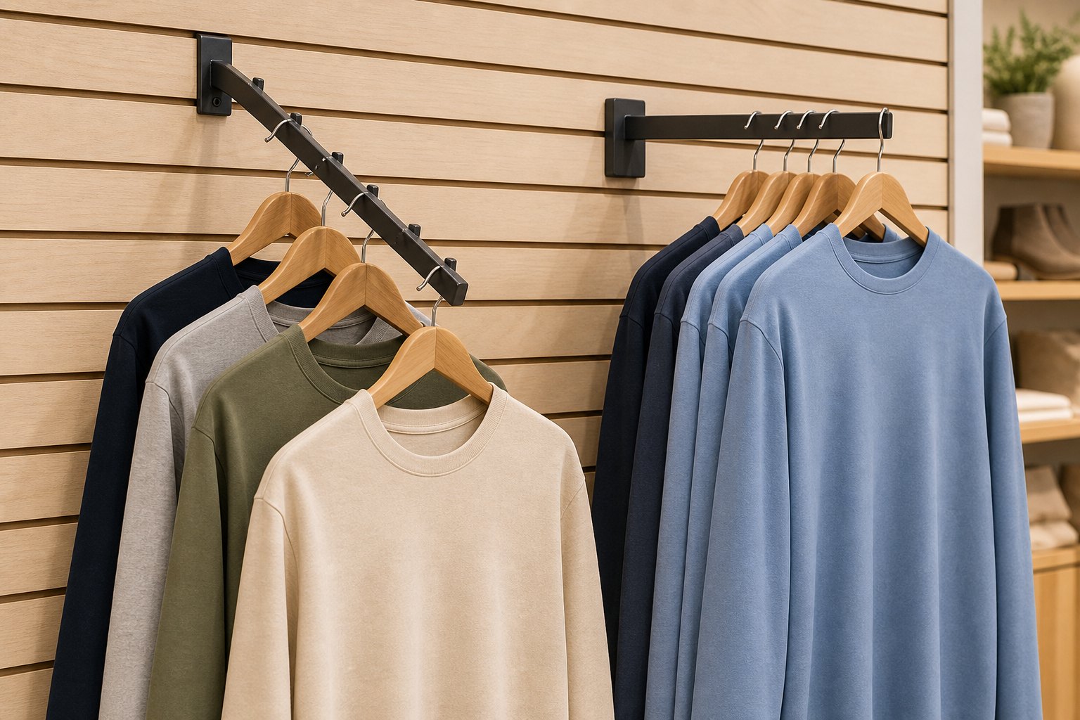 Waterfall hooks vs straight arms displaying apparel on slatwall