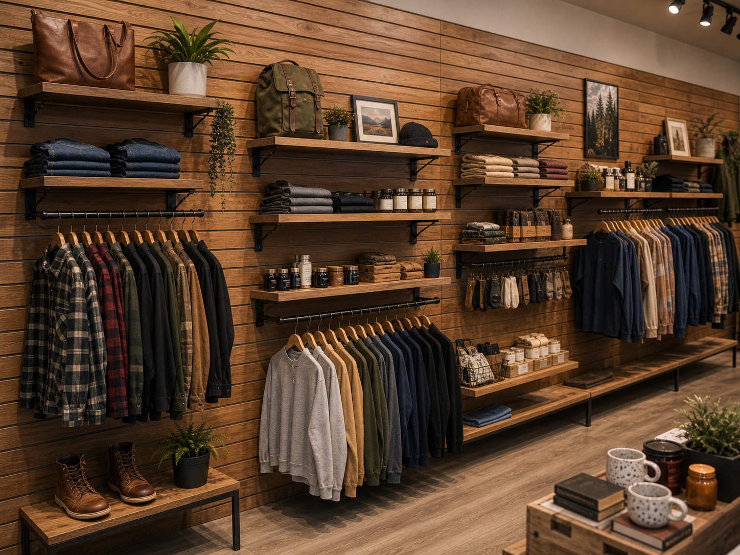 Wood grain slatwall panels on a natural-look retail merchandise wall