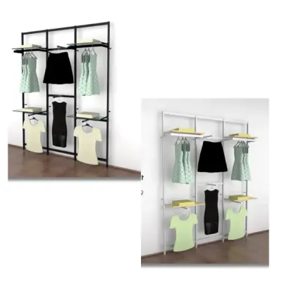 Vertik Wall Mounted Retail Clothing Display Unit for 4 Shelves w/4 Hooks, 2 Hanging Rails | 3-Sections