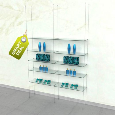 Cable Shelving Unit for 10 Glass Shelves | Hanging Display, 2 Sections